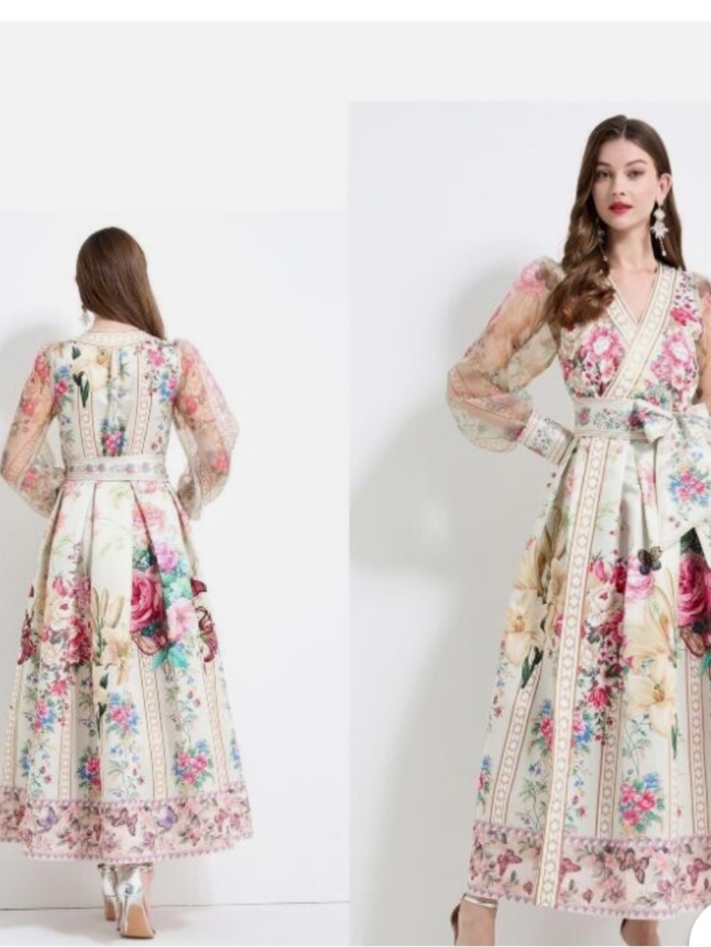 NATALIYA COTOURE Wrap Floral Botanical Maxi Satin Dress, Large